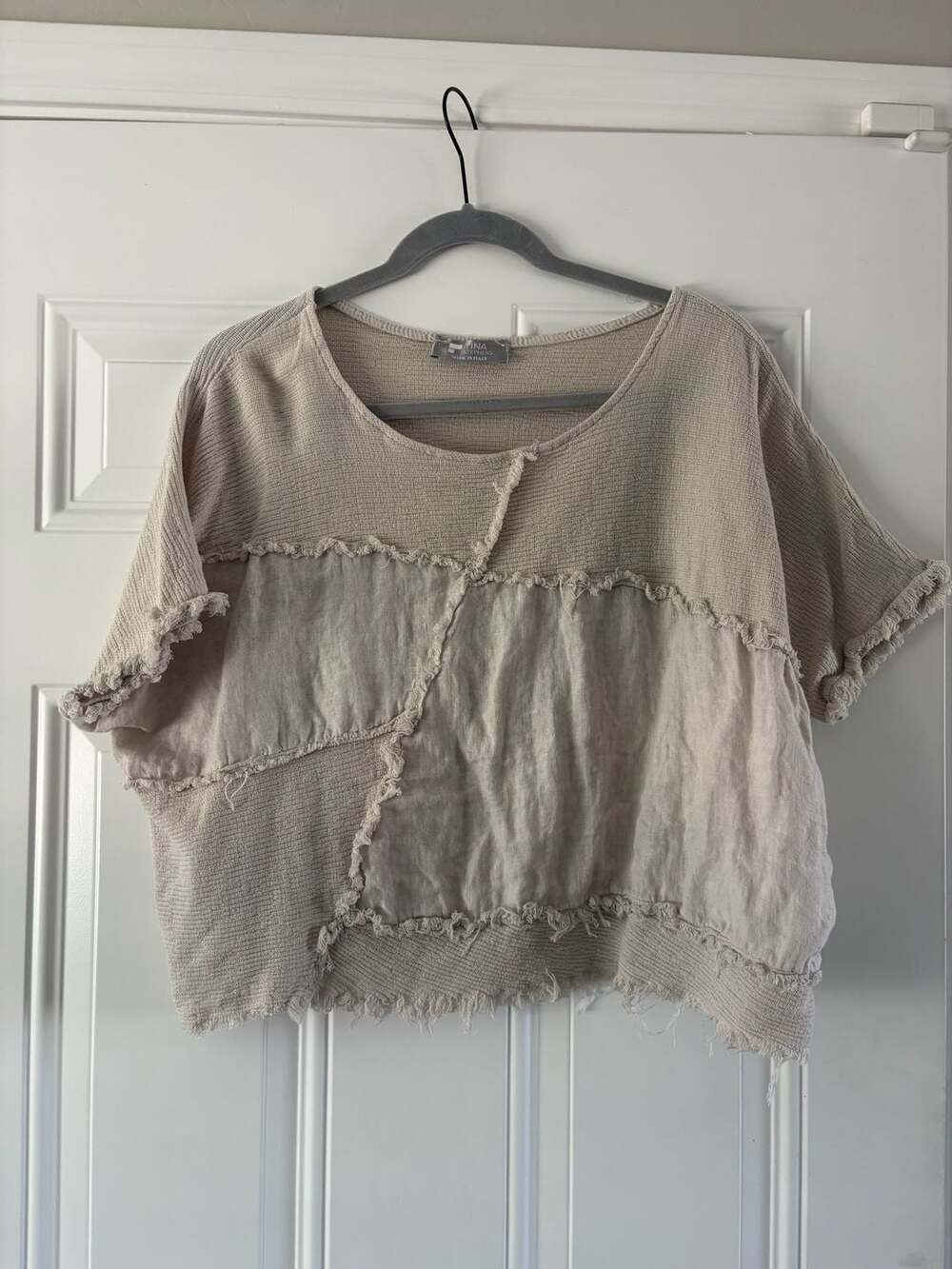 Tina Stephens Made in Italy Cotton Blend Frayed Patchwork Short Sleeve Top